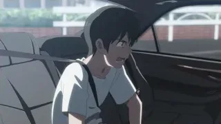 Young man thinking in car back seat — Weathering with You