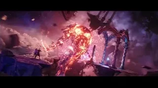 people on rocky cliff watching fiery explosion — Doctor Strange 2