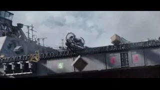 helicopter flying over large ship — Deadpool