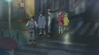 five people walking on wet street at night — Weathering with You