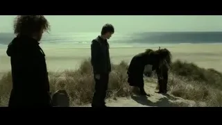 Four people standing on sandy beach — Harry Potter and the Deathly Hallows 2
