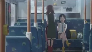 two young girls in school uniforms on train — Weathering with You