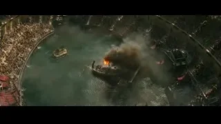 Aerial view of burning boat in arena — Gladiator 2