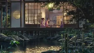 Japanese house at night with people — Your Name
