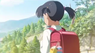 Young girl with red backpack on hill — Your Name
