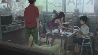 three young people in cluttered room — Weathering with You