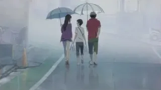 three people walking in rain with umbrellas — Weathering with You