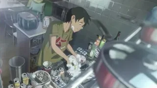 young man washing dishes in kitchen — Weathering with You