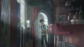 young man standing in dimly lit bar room — Weathering with You