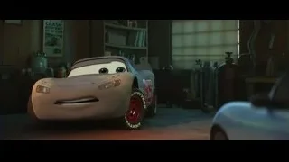 White cartoon car in garage with CRASH sign — Cars 3