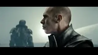 Bald man in leather jacket in foggy landscape — Superman: Man of Steel