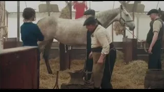 Man petting white horse in stable — Peaky Blinders
