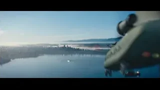 helicopter flying over city and water — Deadpool 2