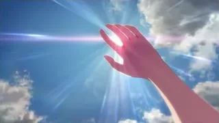 pink hand reaching towards sun rays in sky — Weathering with You