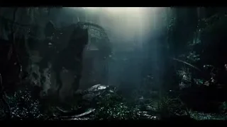 large T-Rex in dark eerie forest — Jurassic World
