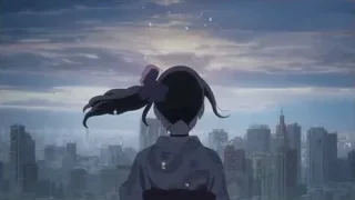 young girl overlooking city skyline at sunset — Weathering with You