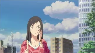 Young girl in cityscape looking surprised — Weathering with You
