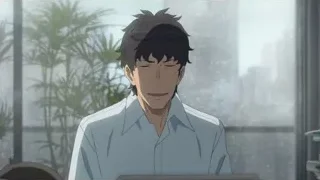 Man sitting in front of laptop with city view — Weathering with You
