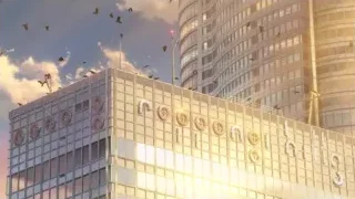 modern high-rise building at sunset with birds — Your Name