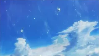 blue sky with clouds, parachutes, and plane — Weathering with You