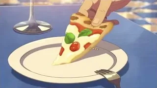 hand holding pizza slice on plate — Your Name