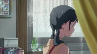 Girl looking out window with plants — Weathering with You