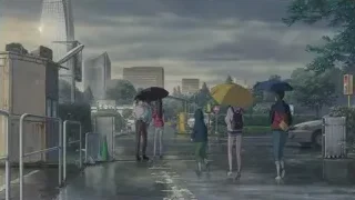 group of people with umbrellas in rain — Weathering with You