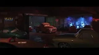 Cars characters in dimly lit old garage — Cars 3