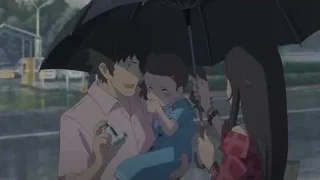 family under umbrella with crying child — Weathering with You
