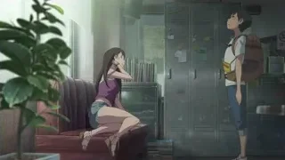 woman with raised arms on couch in locker room — Weathering with You