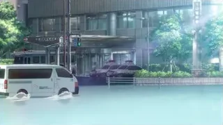 Police van driving through flooded street — Weathering with You